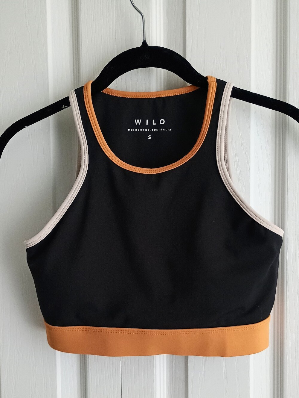 WILO THE LABEL Sz S Contrast Racer Sports Bra Black Orange High Neck